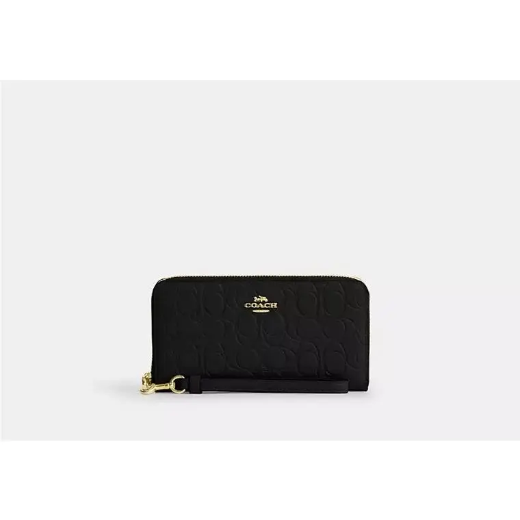 Long Zip Around Wallet with Strap CEW21 PEBBLED LEATHER/GOLD/BLACK by Coach
