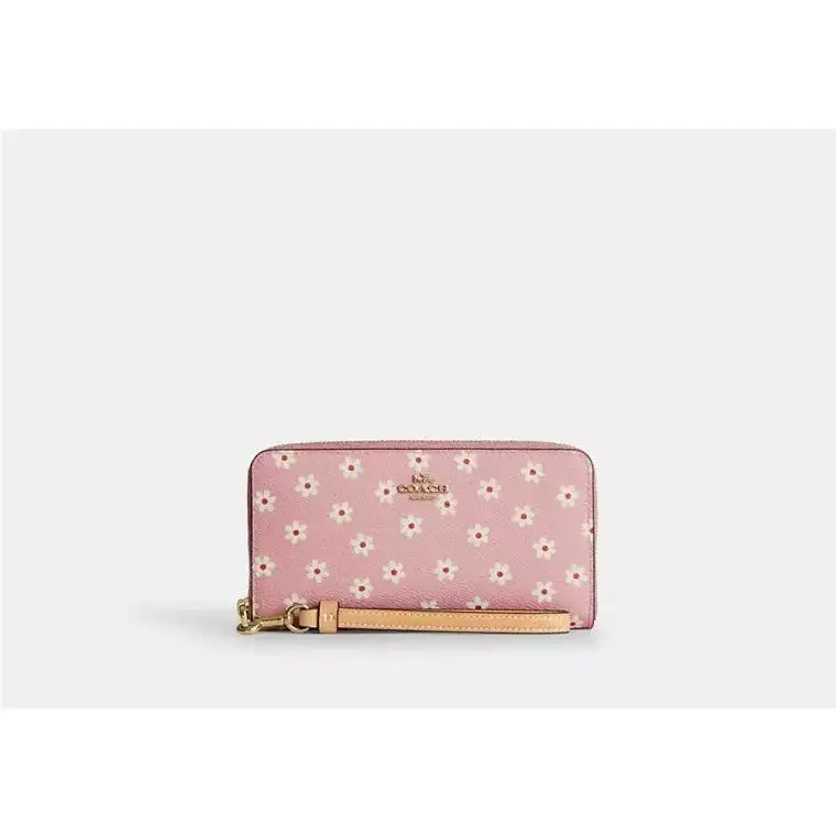 Long Zip Around Wallet with Strap CFD93 GOLD/PINK MULTI by Coach