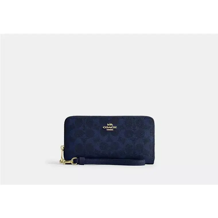Long Zip Around Wallet with Strap CW778 SIGNATURE CANVAS/GOLD/NAVY by Coach