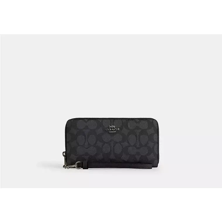 Long Zip Around Wallet with Strap CW778 SIGNATURE LEATHER/GUNMETAL/CHARCOAL/BLACK by Coach