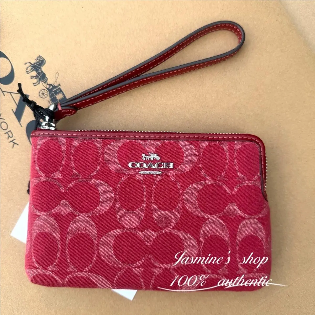 Corner Zip Wristlet In Signature Denim Leather CDF27/CDF26/CDF35 CDF27/True red by Coach