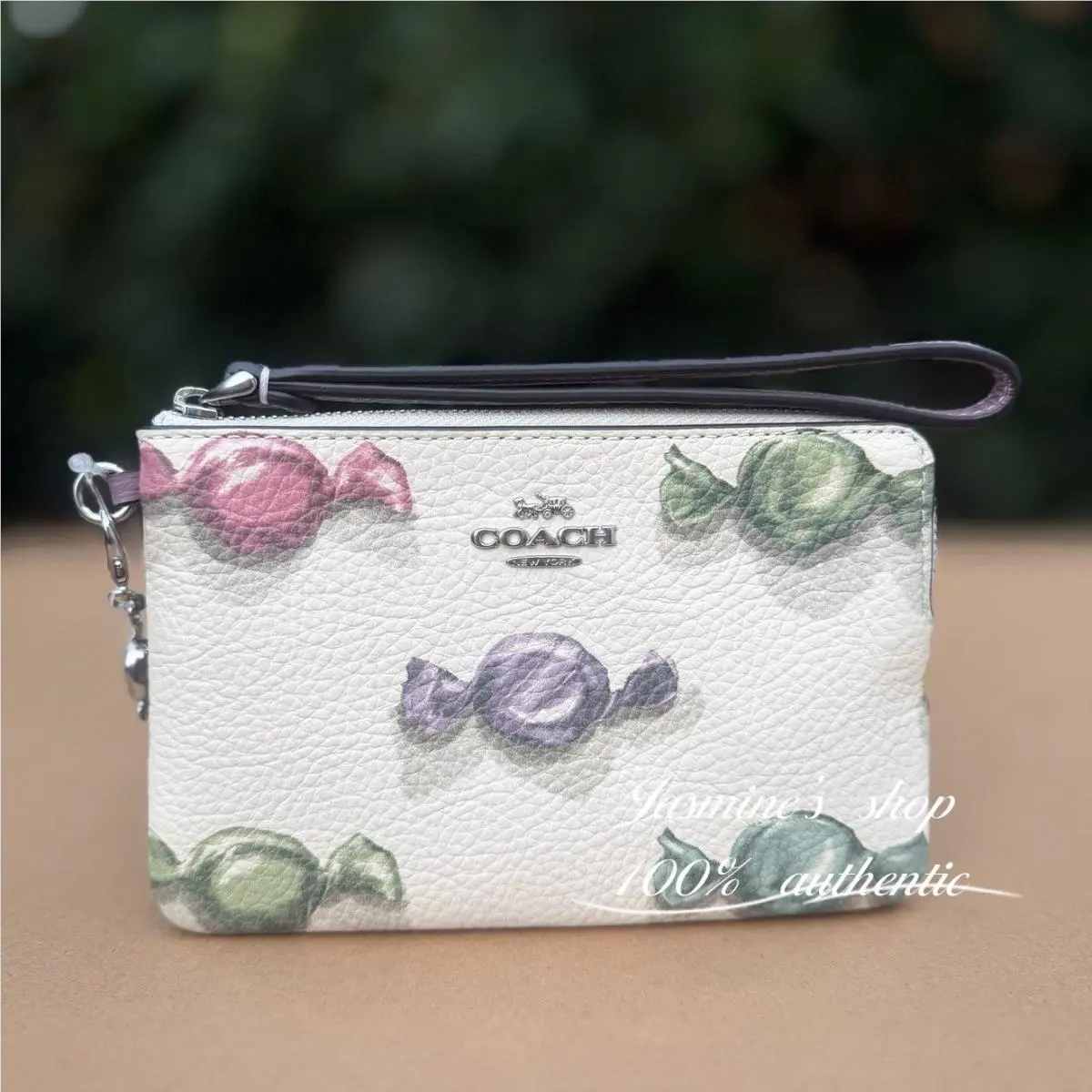 Coach CDF34 Corner Zip Wristlet with Candy Print and Charm Chalk/jasmine