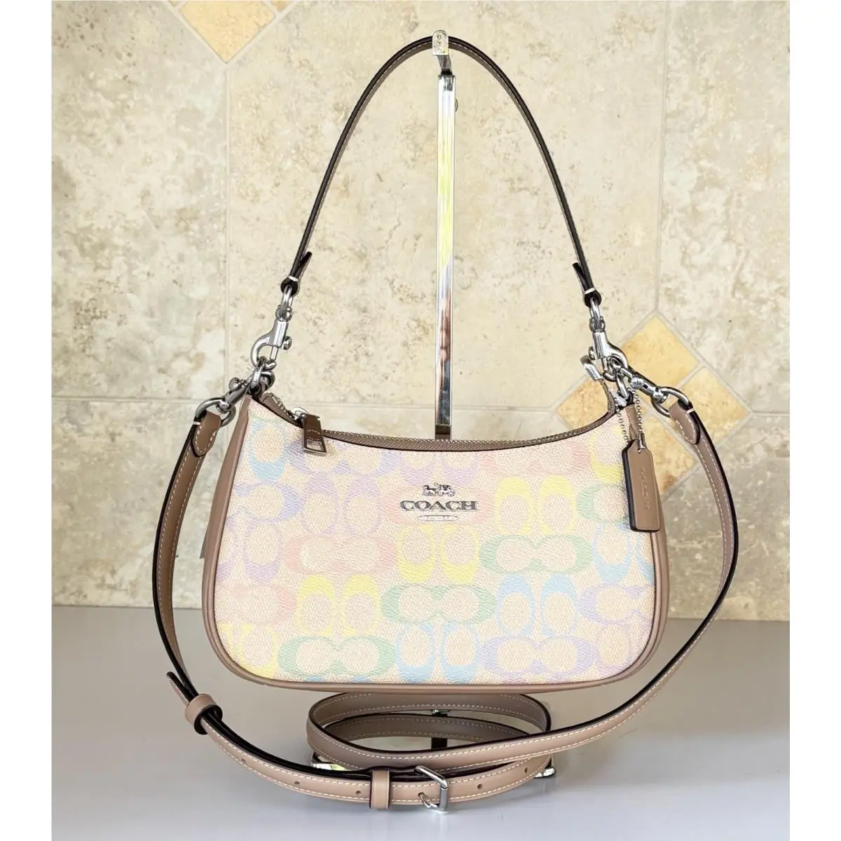 Coach Teri Rainbow Signature CC Medium Shoulder Crossbody Bag Sand Multi