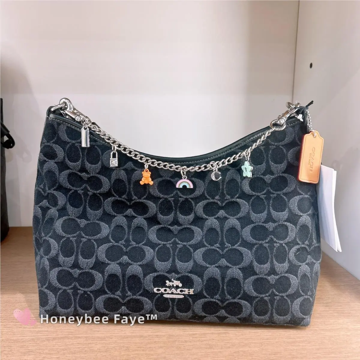 Coach CDE44 Laurel Shoulder Bag In Signature Denim Silver/black Free Charm