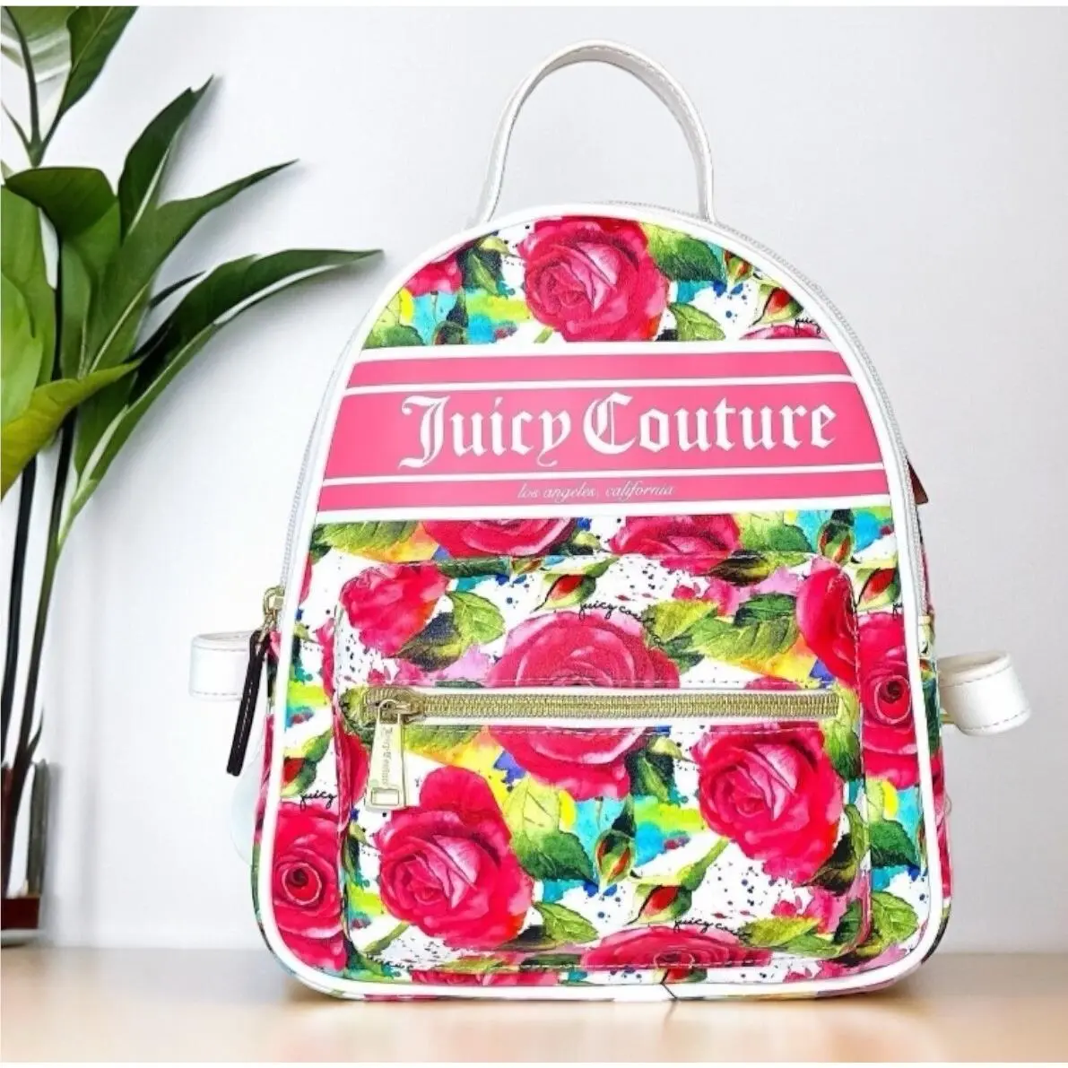 Juicy Couture White with Floral Rose Print Small Backpack Bag