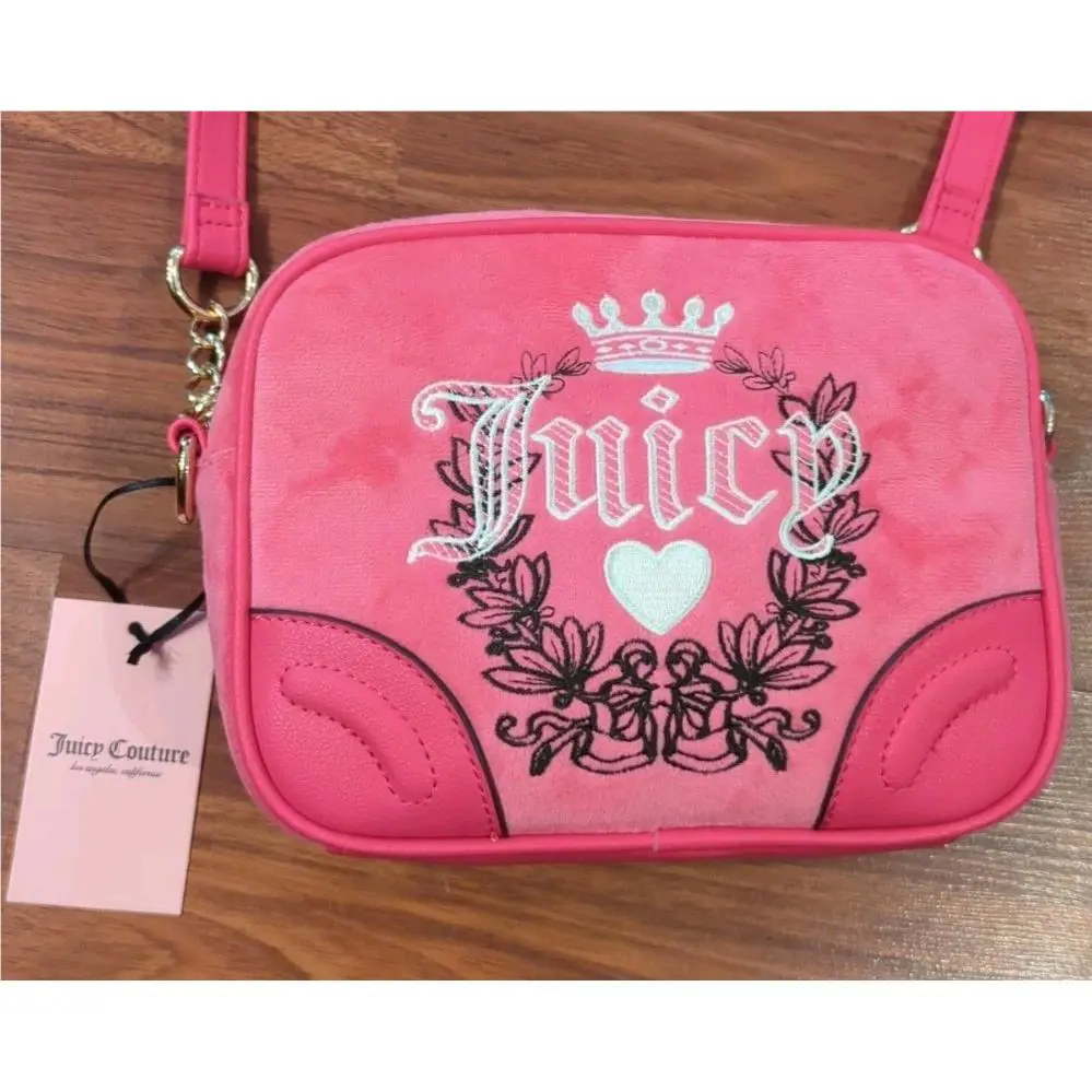 Juicy Couture Pink Velour Crossbody Camera Bag Y2K Crown Logo