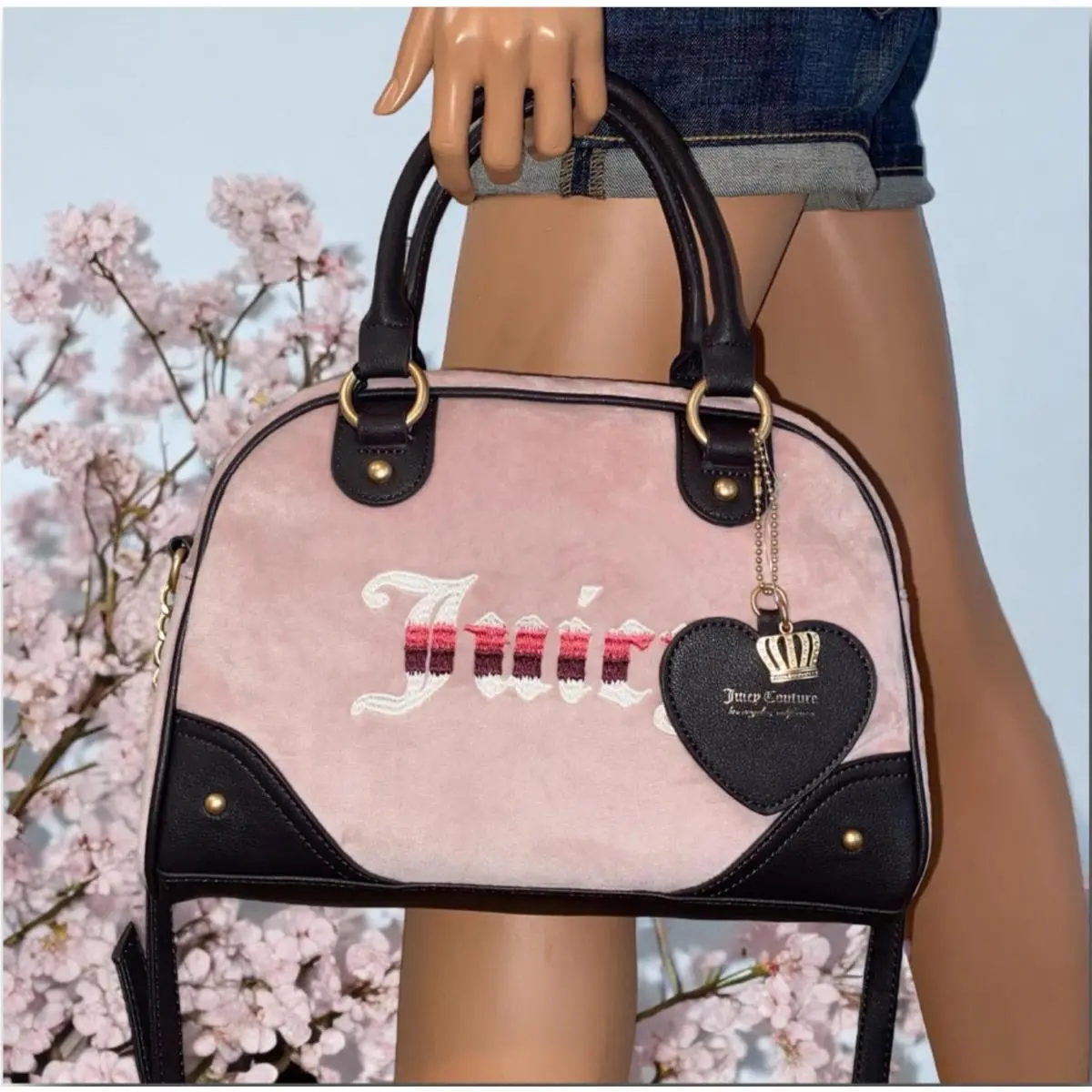 Juicy Couture Retro Vibe Pink Velour Chocolate Brown w/ Heart Charm Satchel Bag