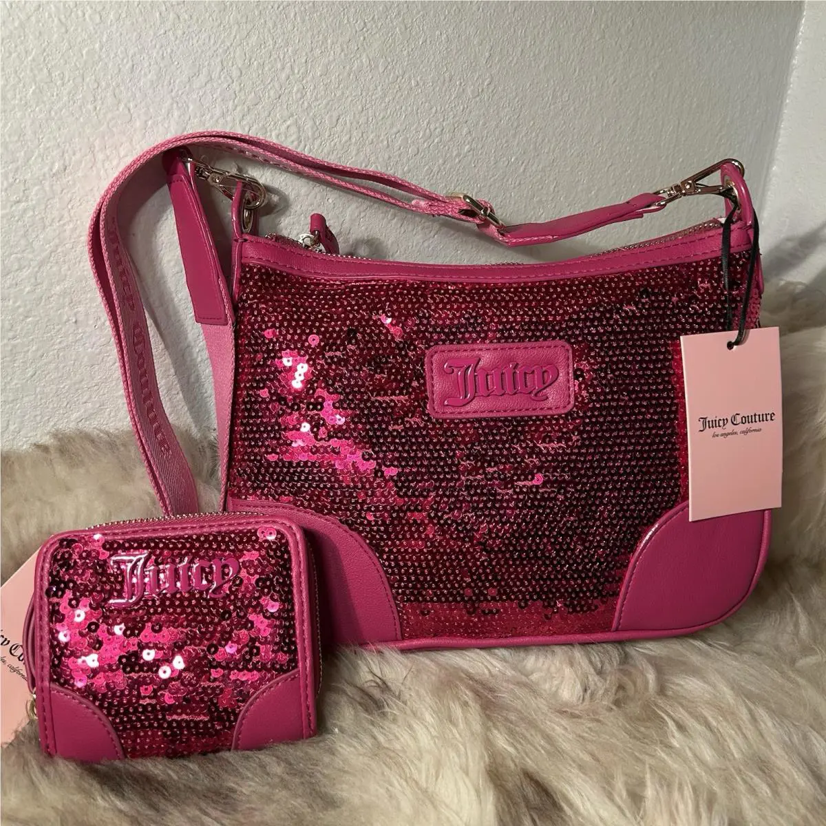 Juicy Couture Blank Canvas Crossbody Bag Wallet Set - Bright Pink Sequins