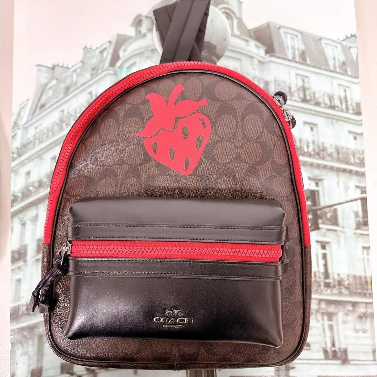 Coach F78252 Medium Charlie Backpack in Signature Canvas with Strawberry Motif