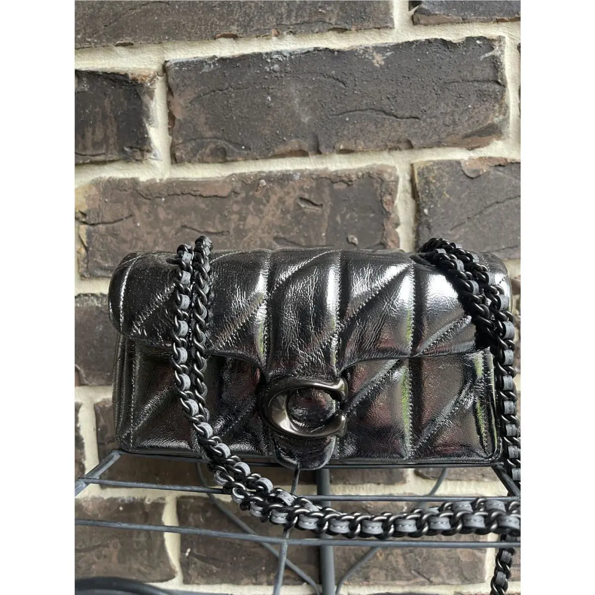 Coach Quilted Tabby 26 Leather Shoulder Crossbody Metallic Anthracite