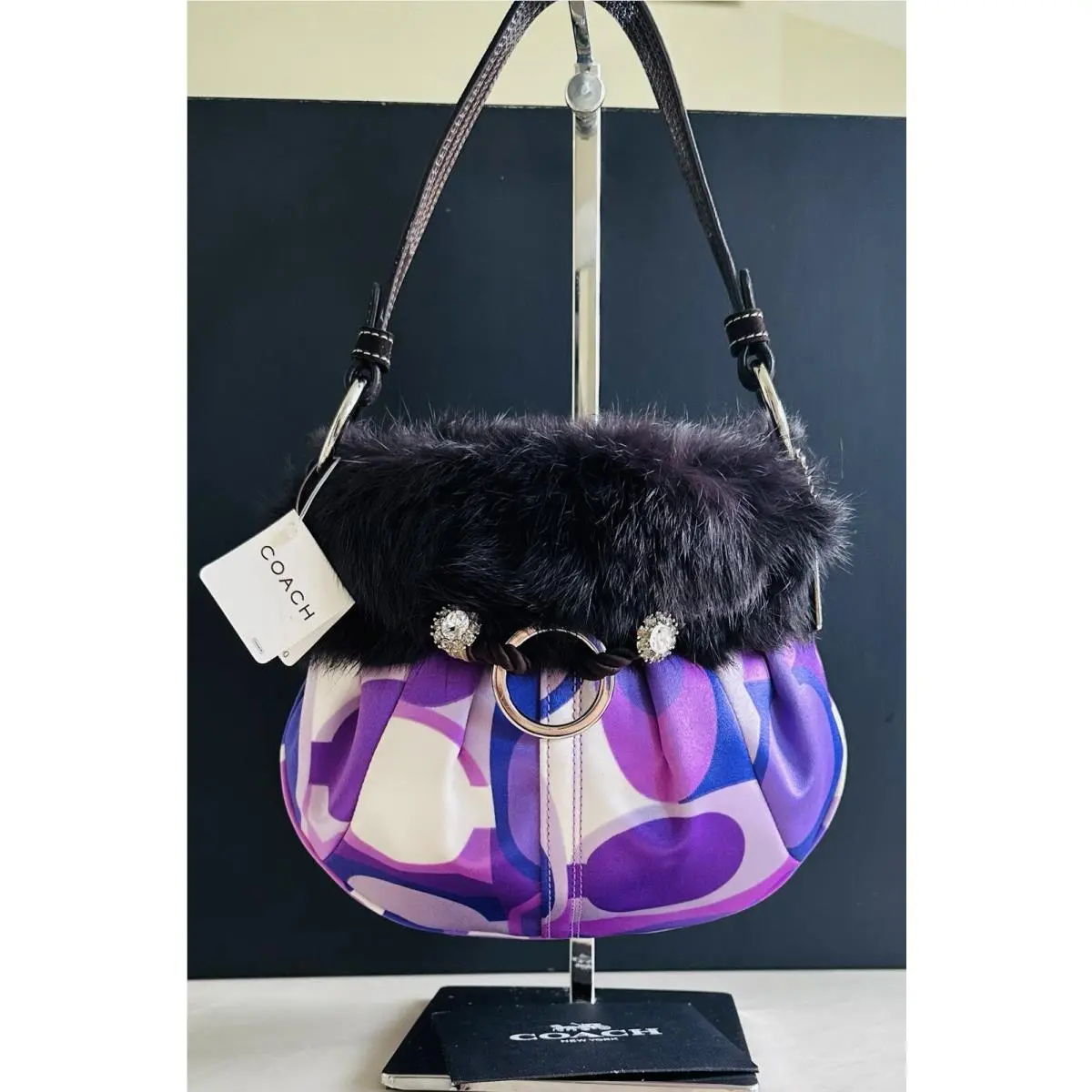 Coach Purple/multi Satin Scarf Rabbit Fur Swarovski Crystals Satchel 3583