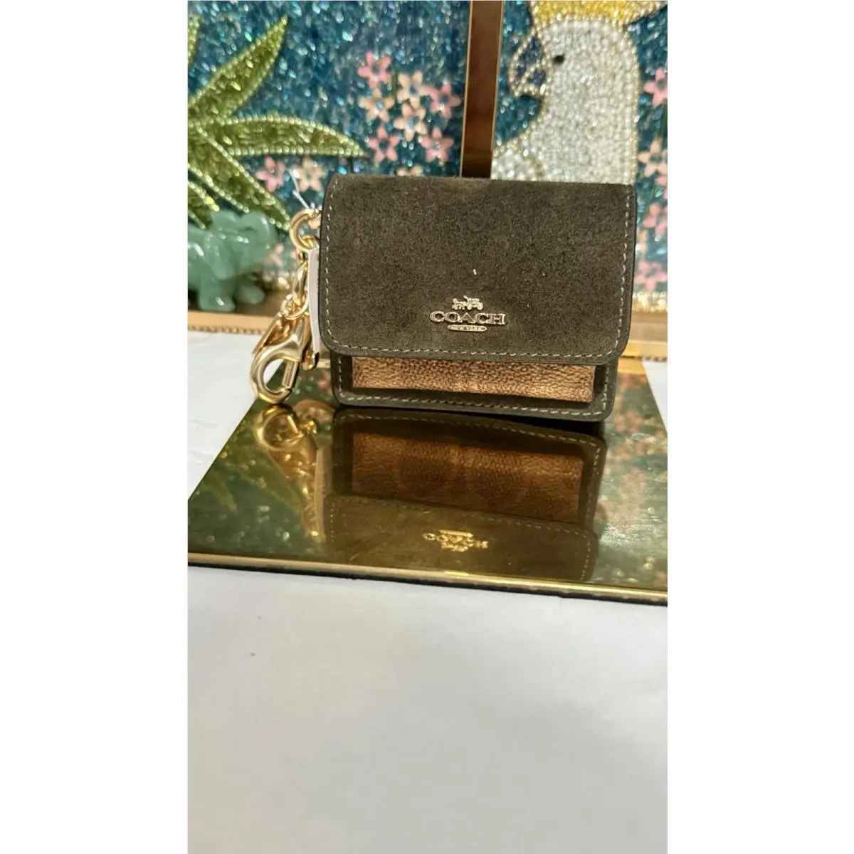 Coach Klare Bag Charm Signature Canvas Army Green Tan CCE81 Key Fob