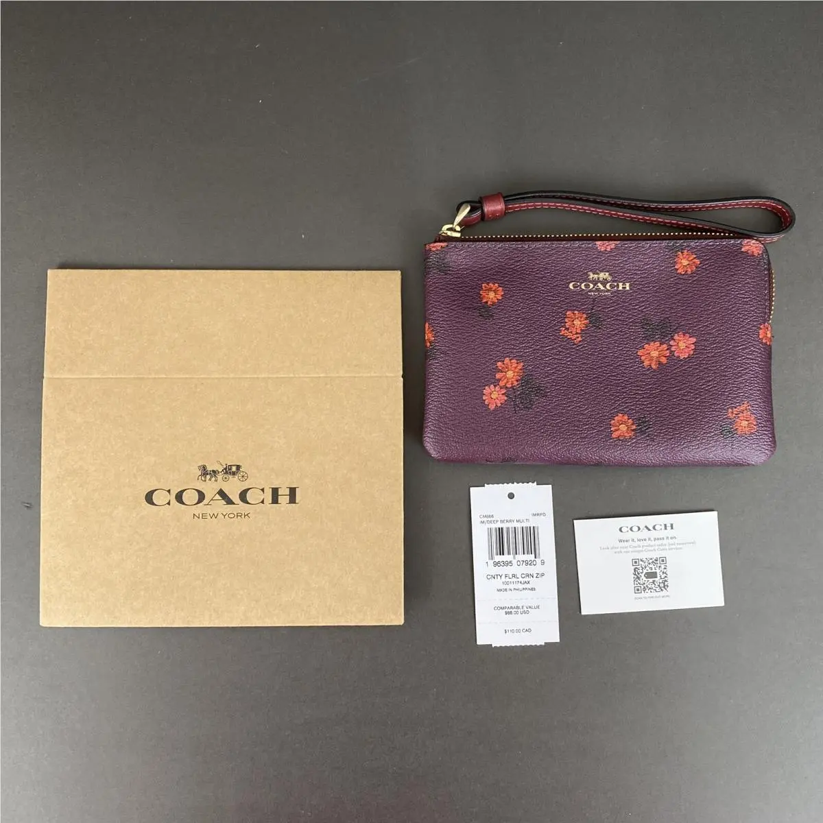 Coach Corner Zip Wristlet Deep Berry/country Floral Print CM866 + Gift Box