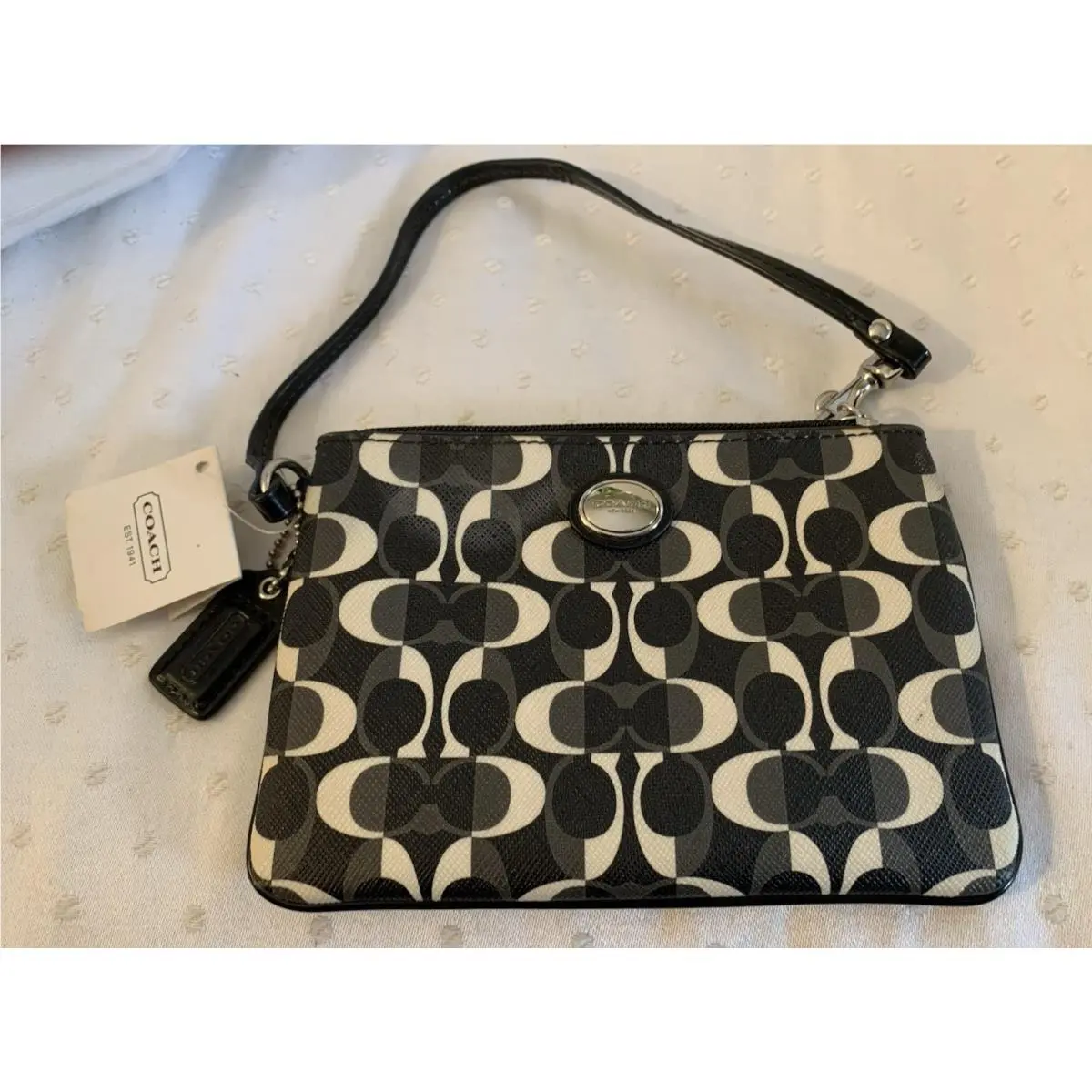 Black Peyton Dream C Signature Leather Patent Strap Wristlet by Coach