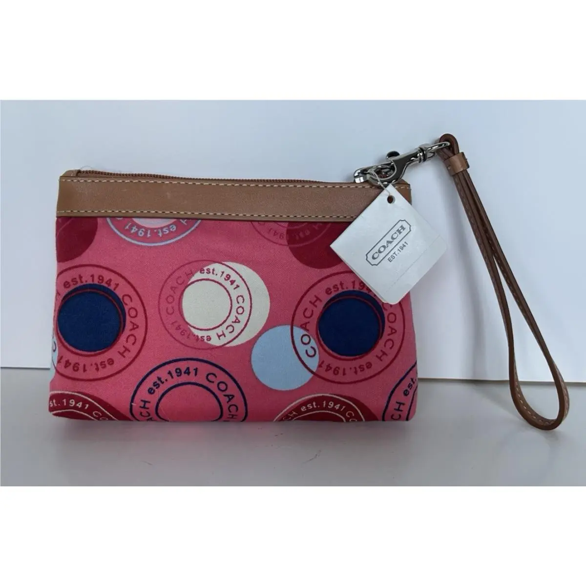 Coach Leah Polka Dot Wristlet Pouch F14667 Pink White Red w/ Dust Bag