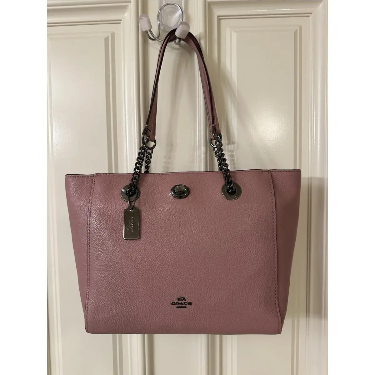 Coach 57107 Turnlock Chain Tote 27 in Polished Pebble Leather Dk/dusty Rose
