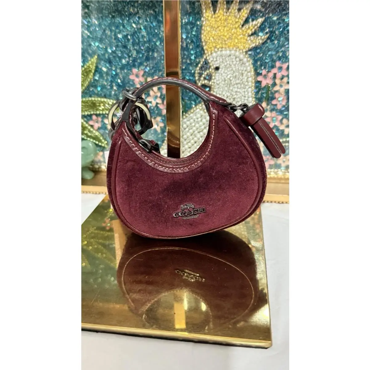 Coach Mini Carmen Bag Charm Keychain Gunmetal Burgundy Velvet Leather CCF19