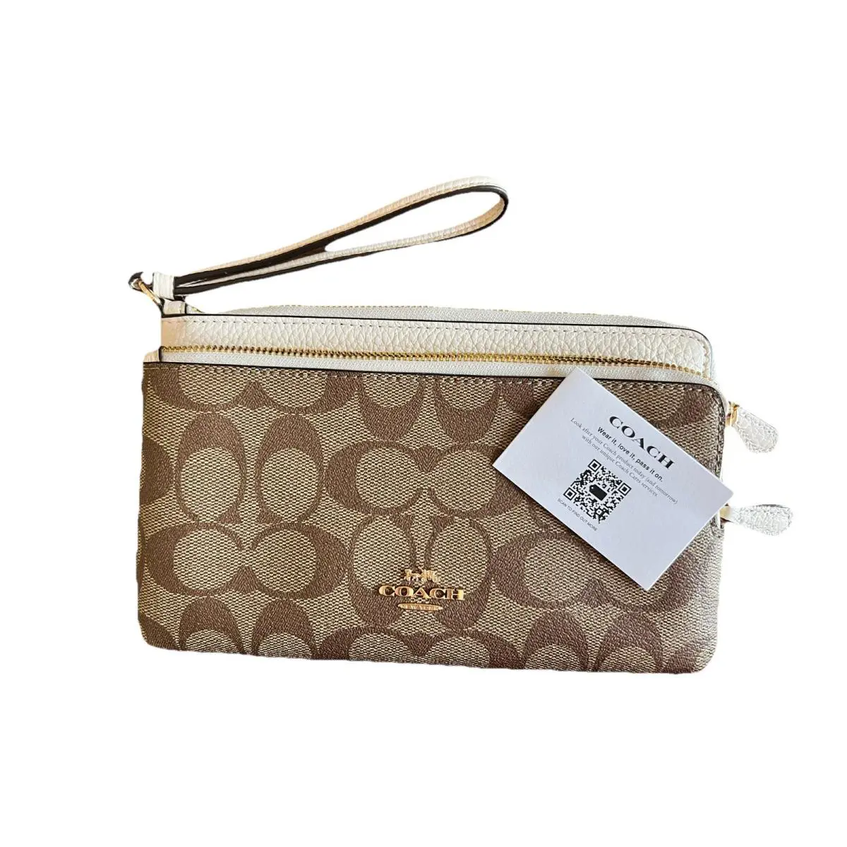 Coach Khaki Chalk Signature Pvc Leather 2 Compartment Corner Zip Wristlet Wallet