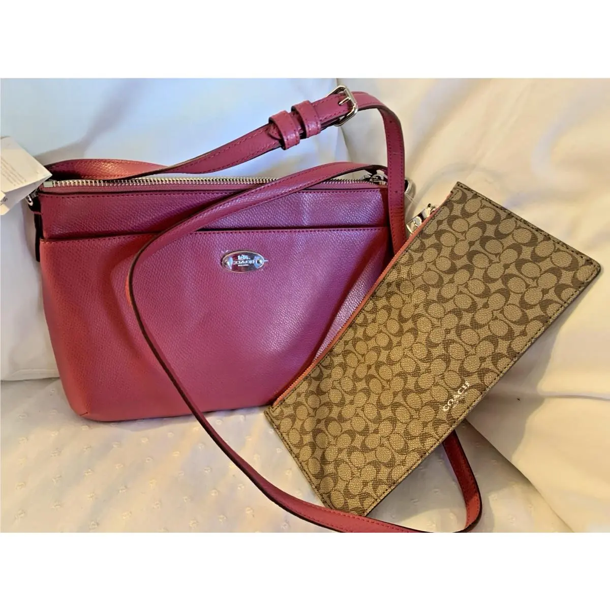 Coach Crossbody Magenta Leather Pop Small Messenger Bag + Pouch 52881
