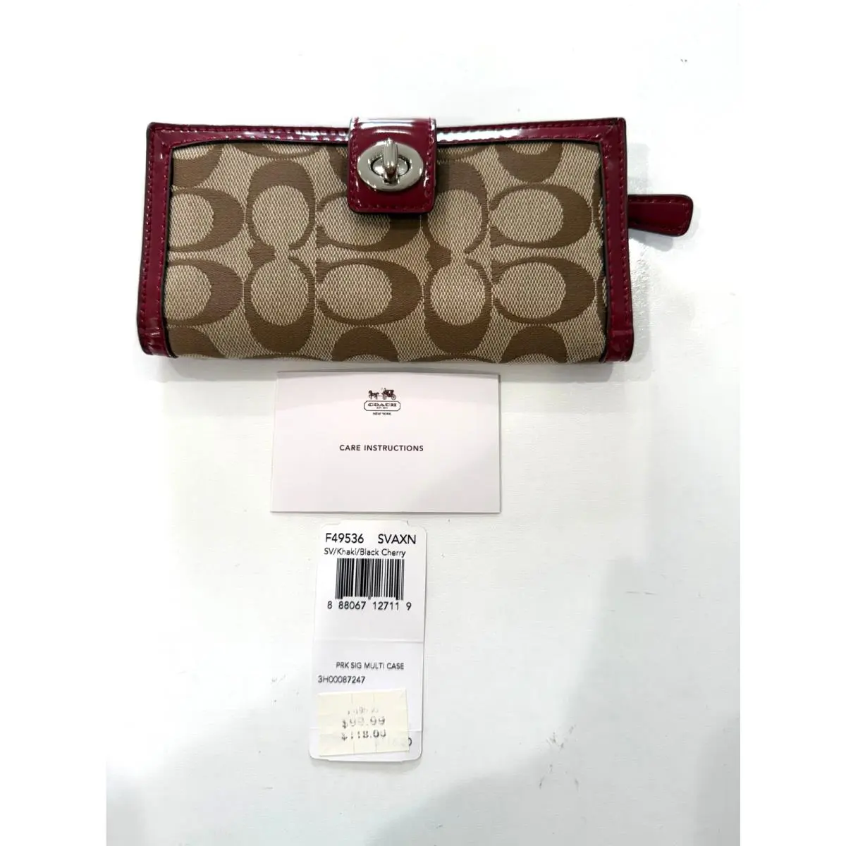 Coach F49536 Signature Canvas Khaki / Black Cherry Patent Trim Slim Wallet