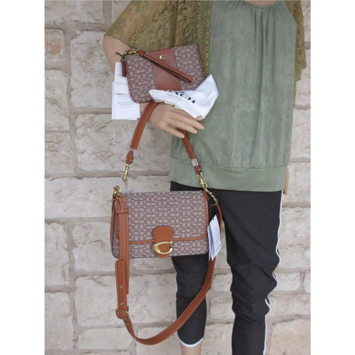 Coach Tabby Cocoa Burnished Amber Bag + Wristlet Set Signature Jacquard 2-pc