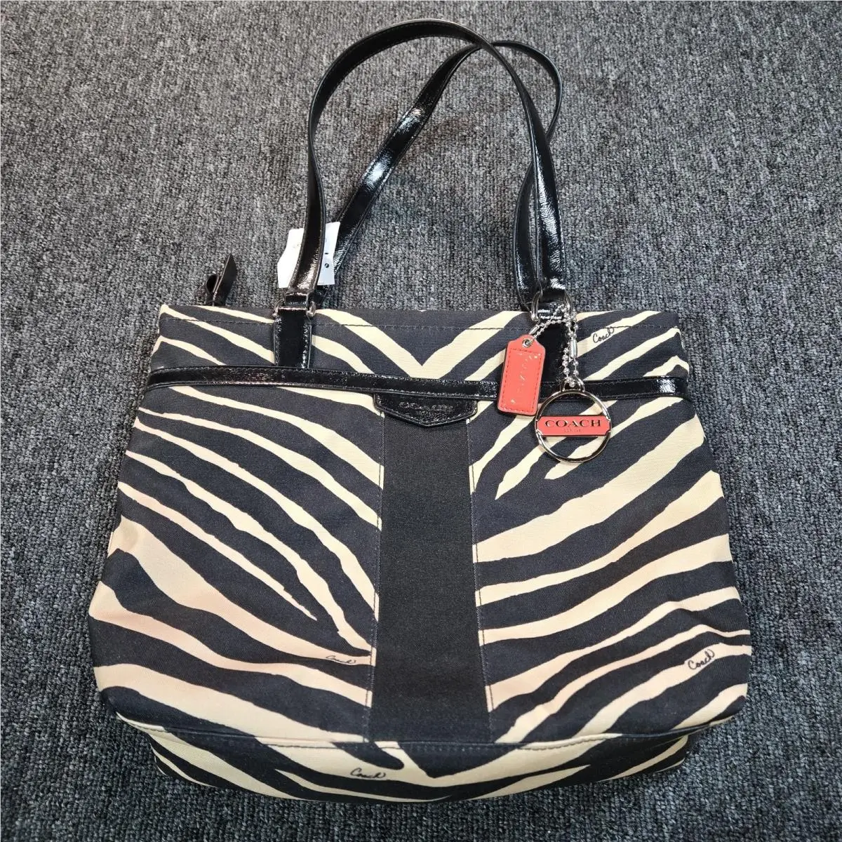 Coach Zebra Animal Print Tote Bag Black Cream Canvas Leather Trim Purse
