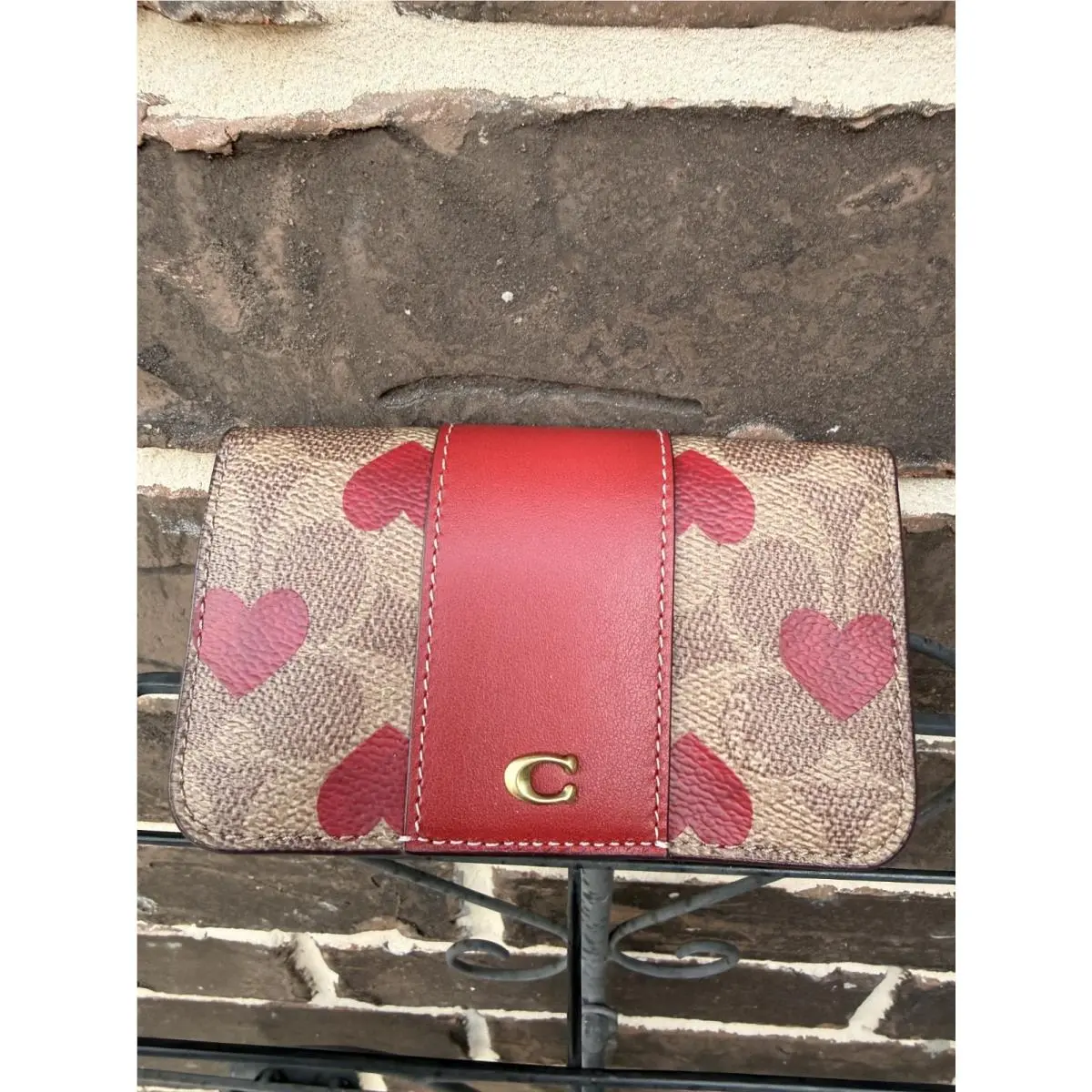 Coach Slim Card Case Wallet Signature Canvas Heart Print Tan Red