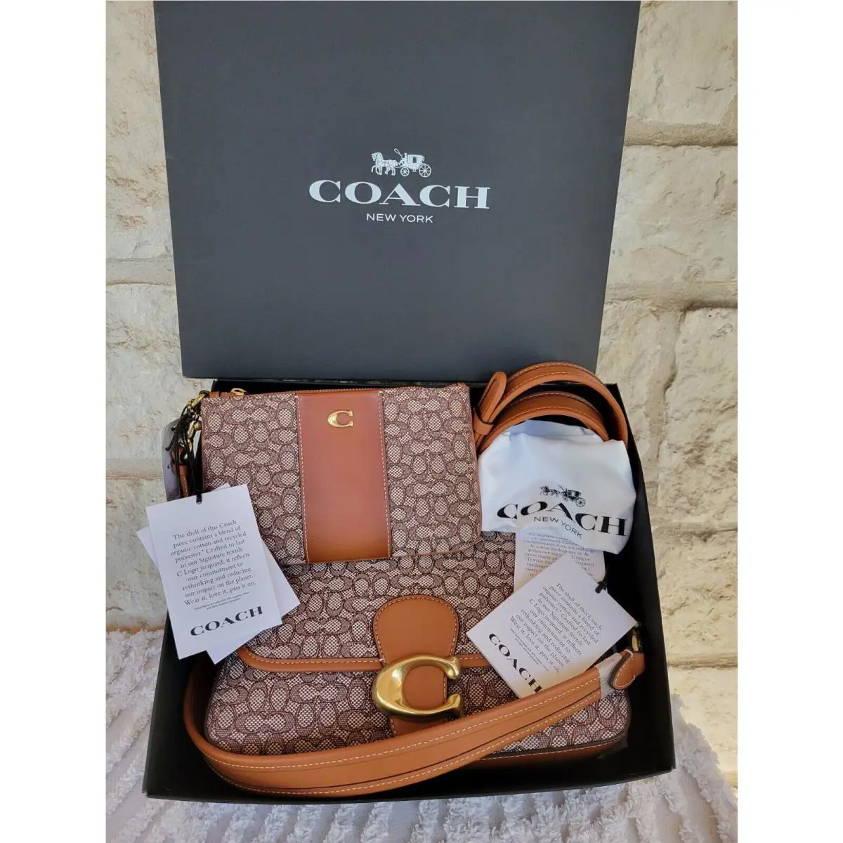 Coach Tabby Brass/cocoa Burnished Soft Bag + Wristlet Set Signature Jacquard Bag