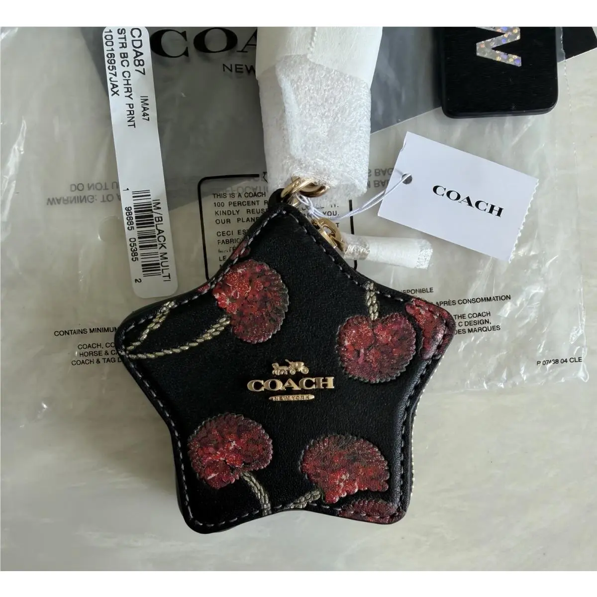 Coach Star Black/multi Cherry Print Zip Bag Charm Fob CDA87