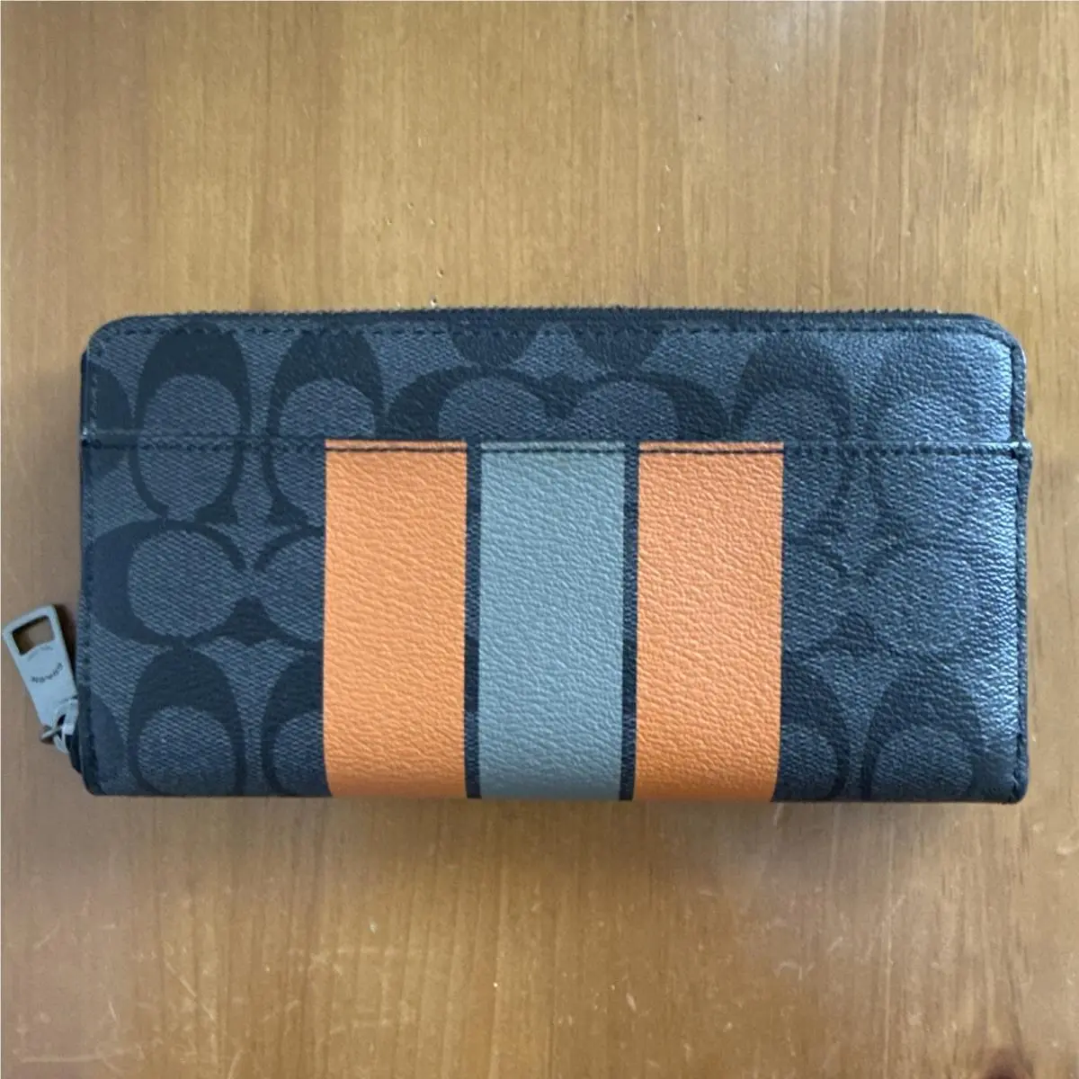 Coach Signature Accordion Zip Around Wallet Charcoal Orange Large Striped