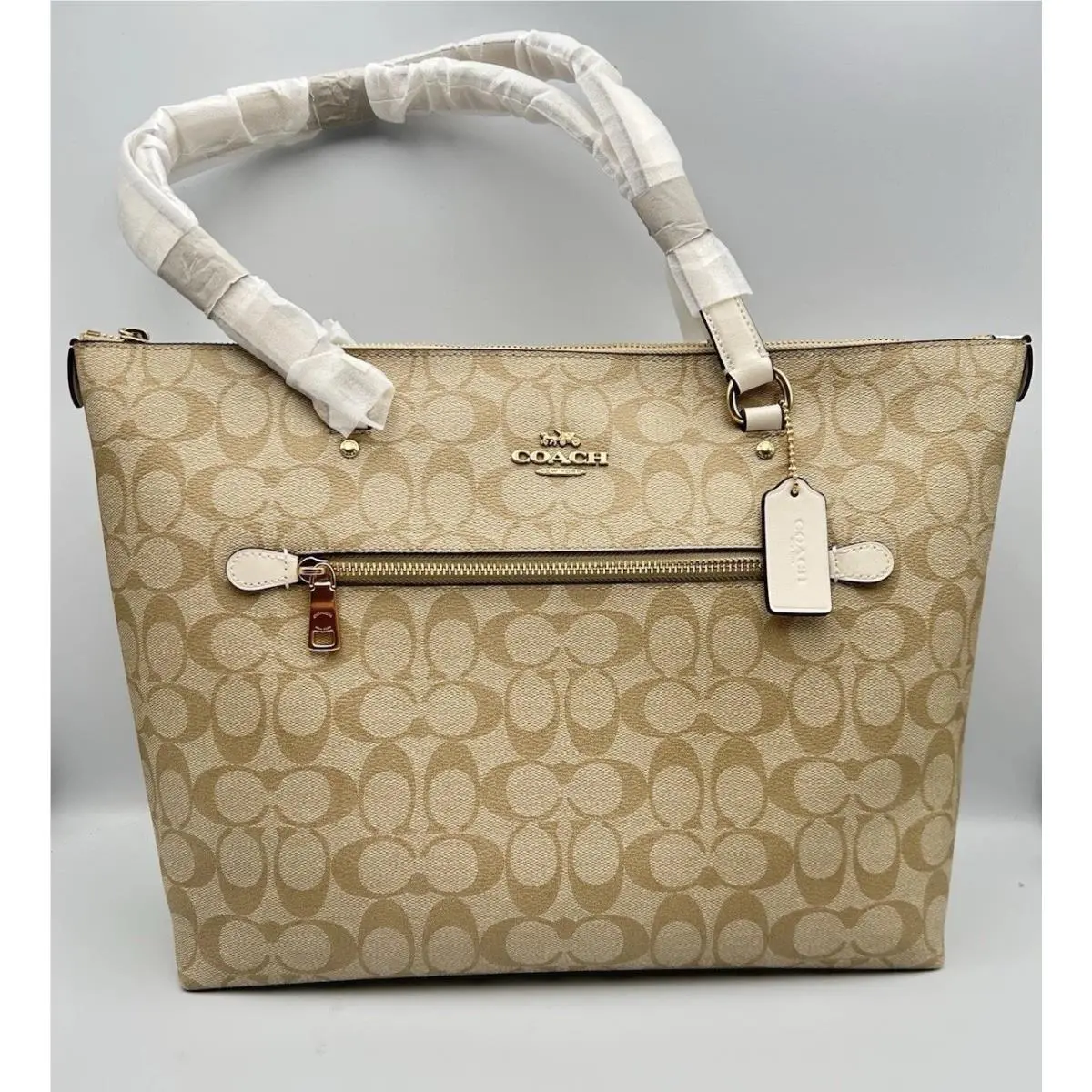 Coach F79609 Gallery Tote Bag Signature Canvas Leather Khaki Chalk Gold
