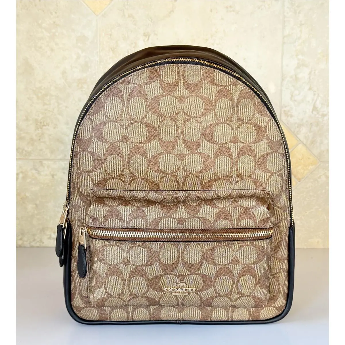 Coach Signature Medium Charlie Backpack Khaki/black