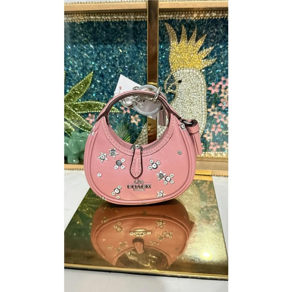 Coach Carmen Bag Charm Star Print Silver Dusty Pink CCF22 Rose Key Fob