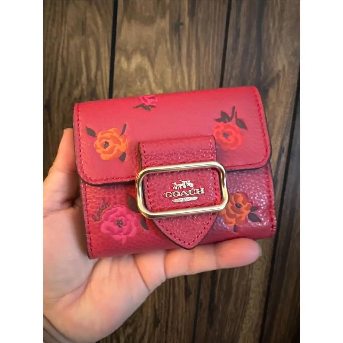 Coach CE669 Small Morgan Wallet with Peony Print Floral Apple Red
