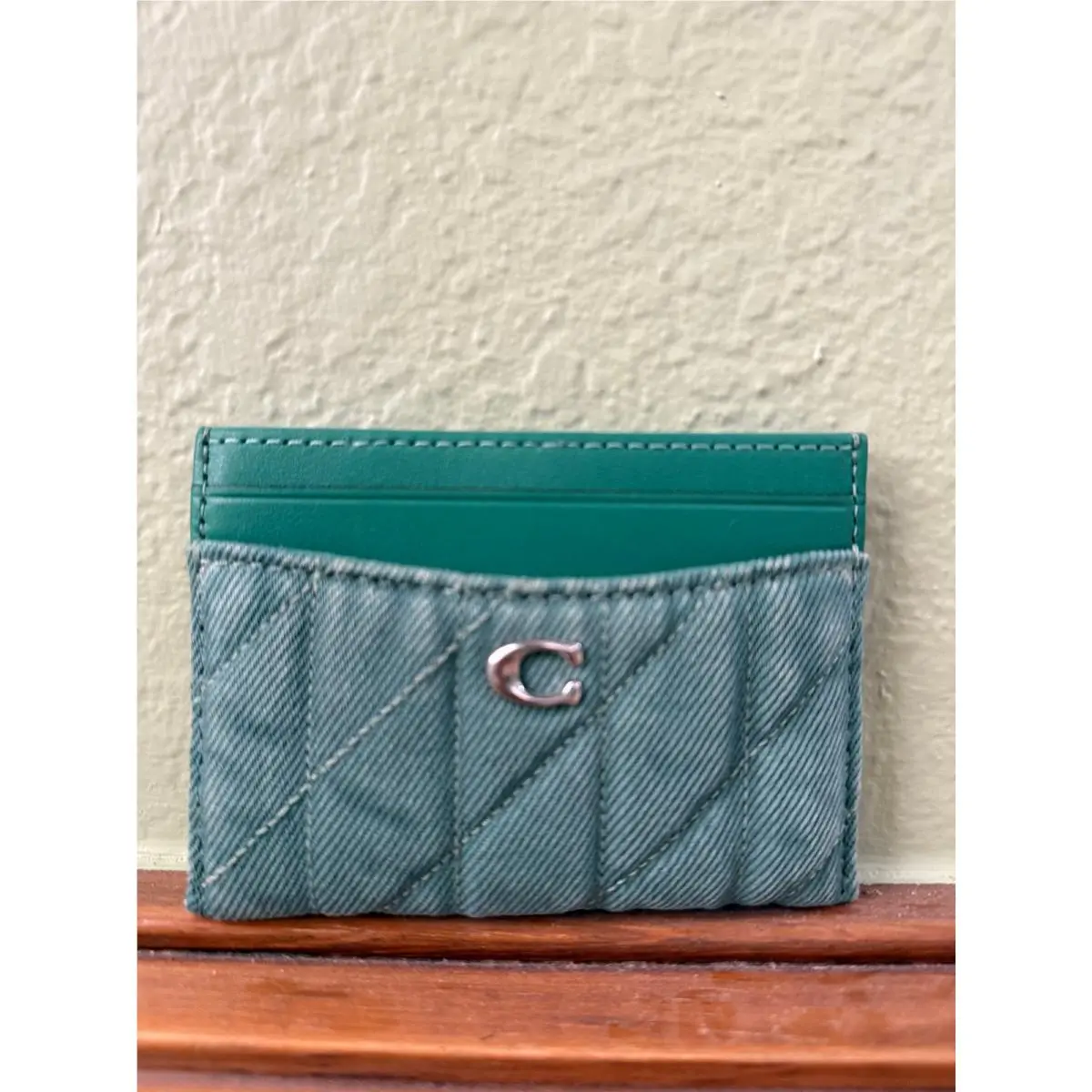 Coach Essential Denim Quilted Card Case Wallet Green