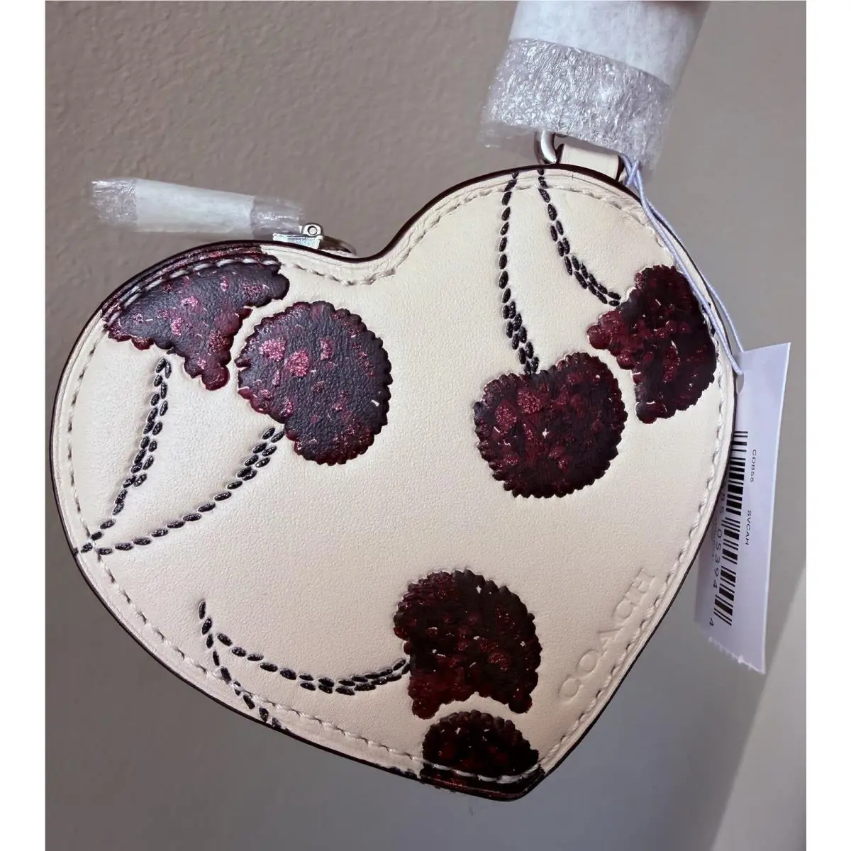 Coach Heart Cherry Print Chalk/red Bag Charm Fob CDB55