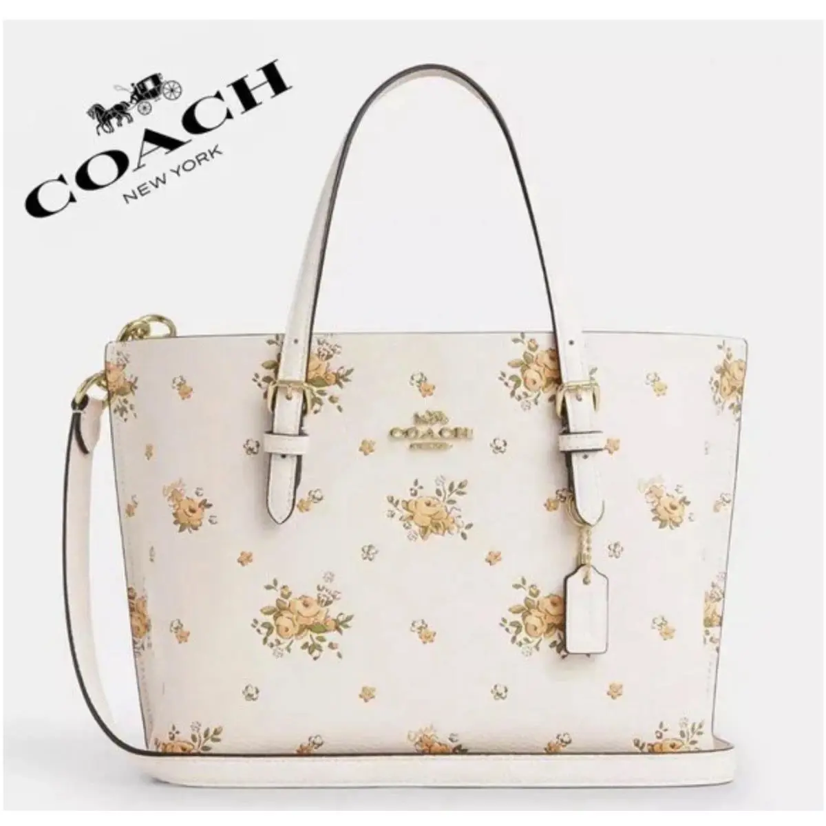 Coach CAL44 Mollie Tote Bag 25 with Floral Print Leather Chalk Multi