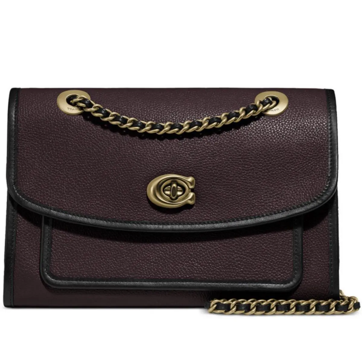Coach 75575 Polished Leather Shoulder Bag Oxblood Gold Piped Trim Turnlock - Handle/Strap: Gold, Hardware: Gold, Exterior: Oxblood, Gold Hardware