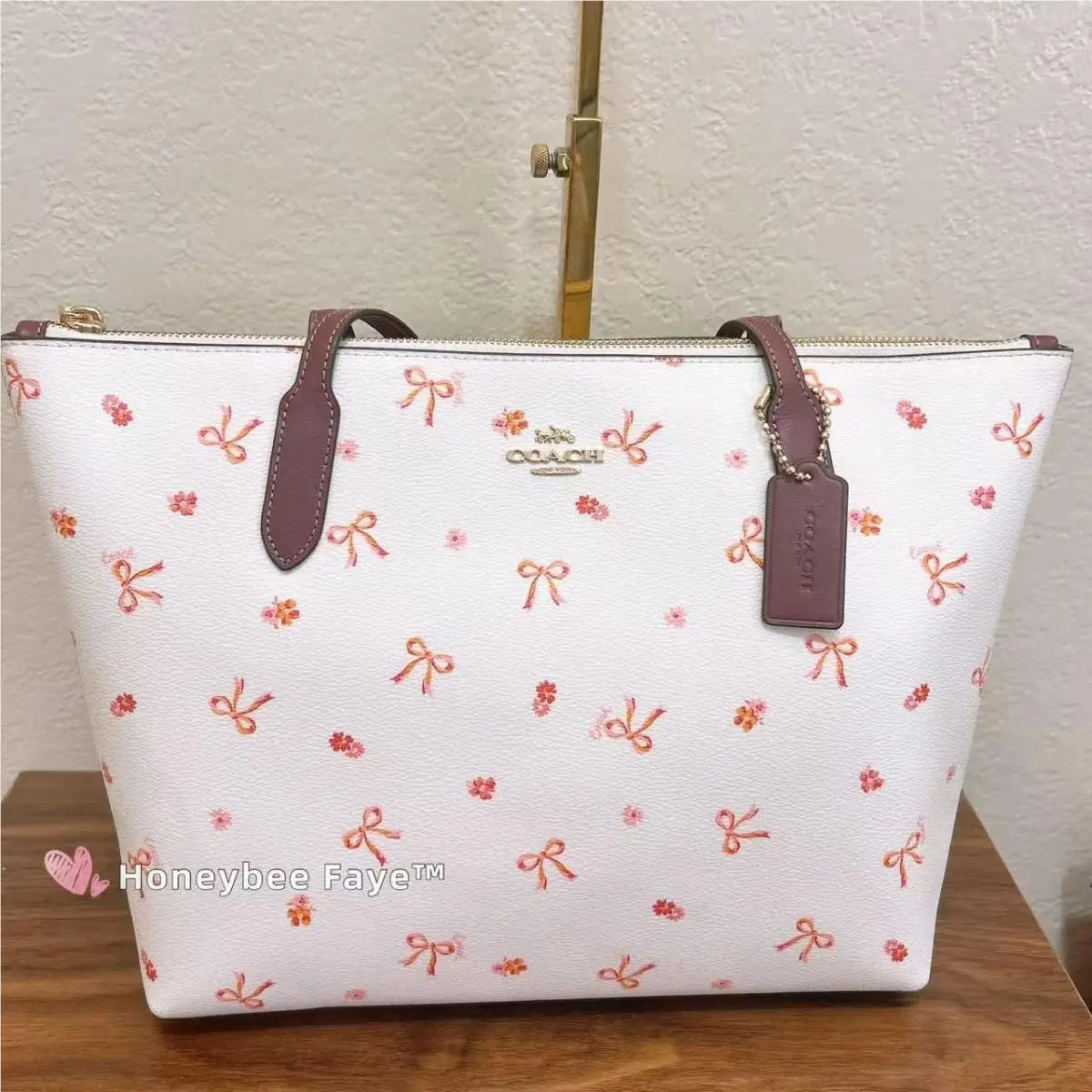 Coach CN627 Zip Top Tote with Bow Tie Print Chalk/ Wine Burgundy