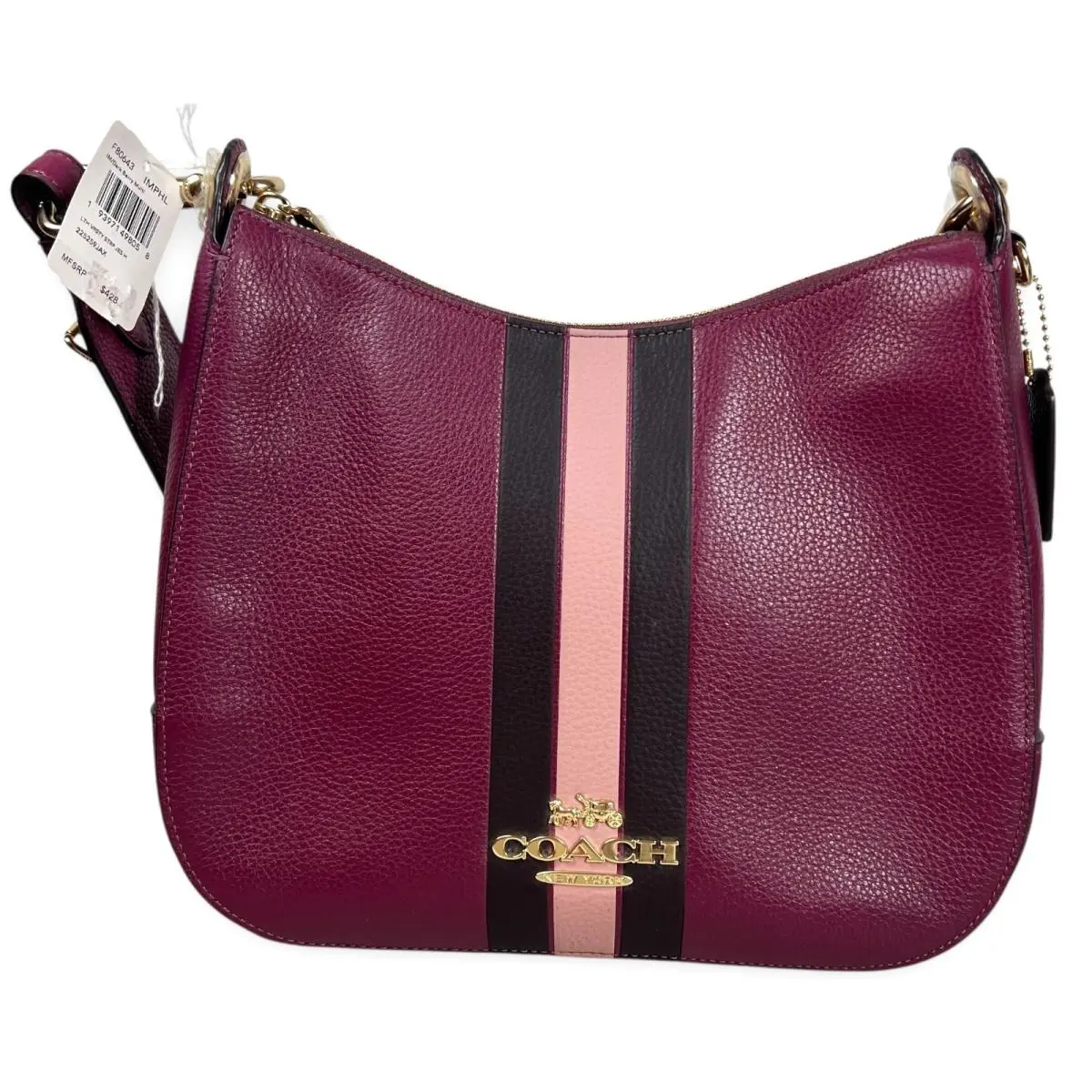 Coach Jes Hobo Bag Women Dark Berry Multi Leather Varsity Stripe F80643 Shoulder