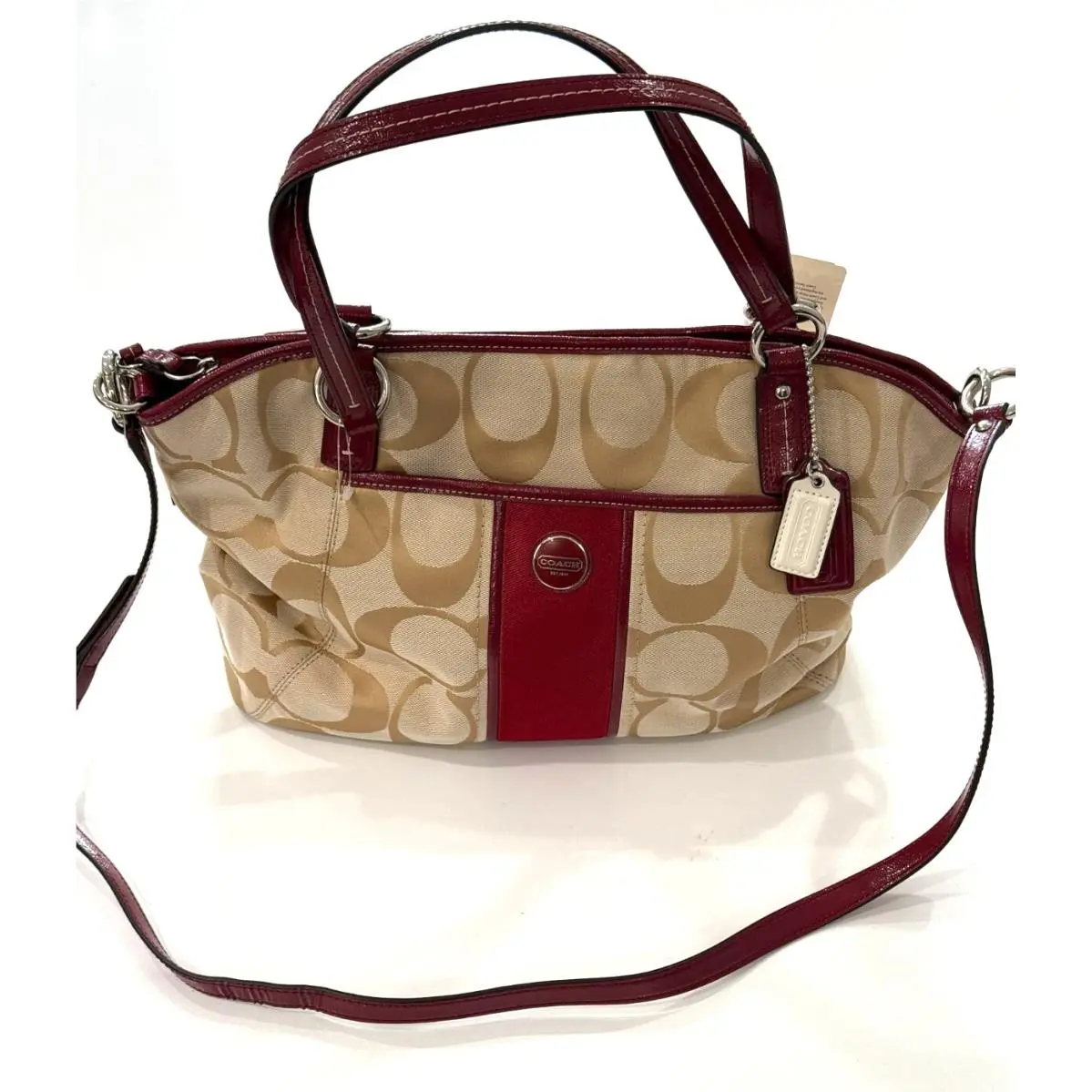 Coach F28208 Khaki / Black Cherry Signature Convertible Crossbody Shoulder Tote