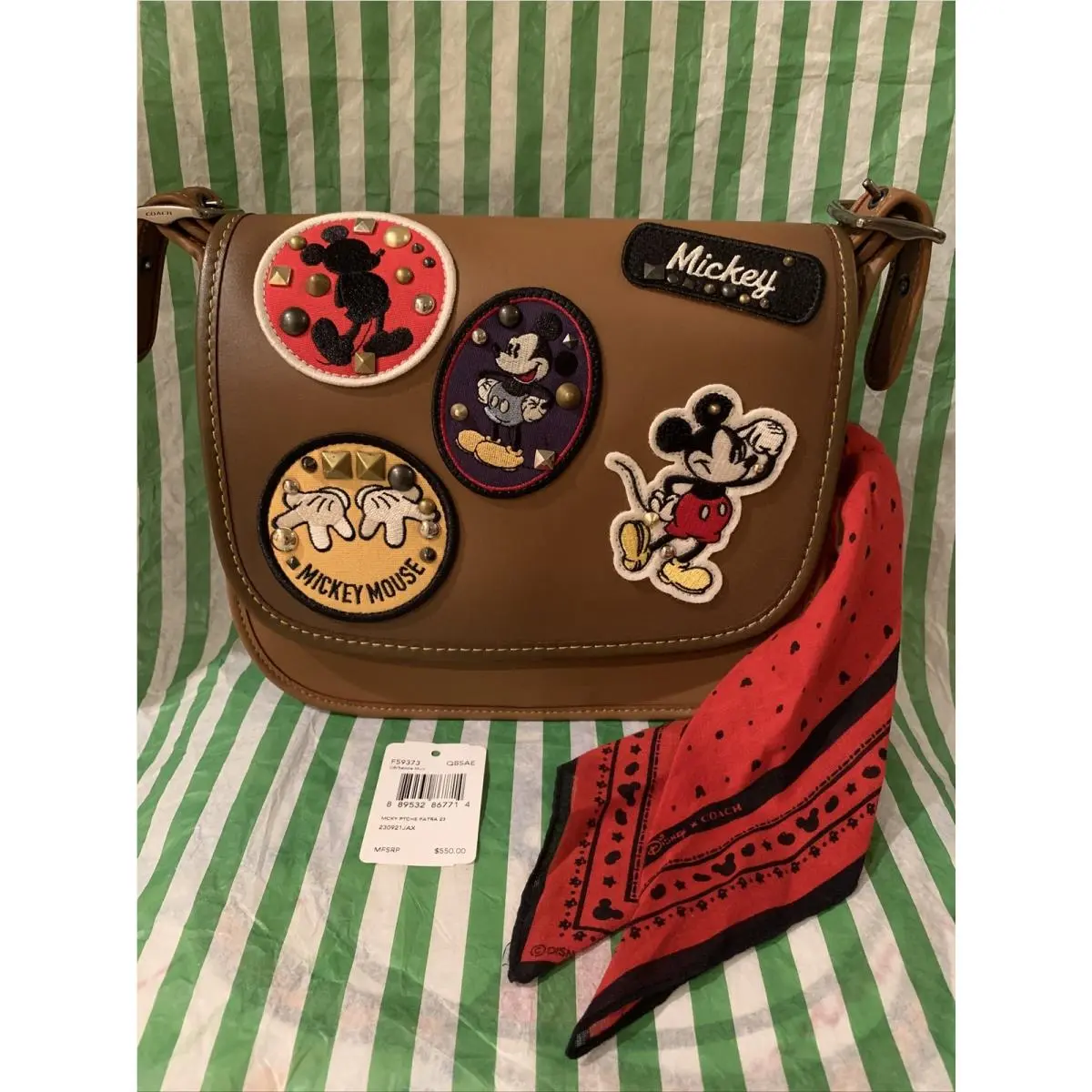 Coach Mickey Mouse Patches Medium Patricia Leather Saddle Brown Purse