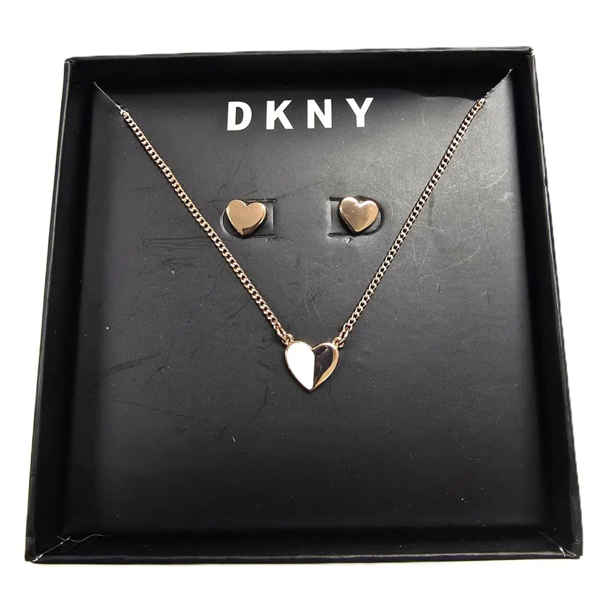 Dkny Set Rose Gold Tone White Enamel Heart Necklace + Matching Stud Earrings
