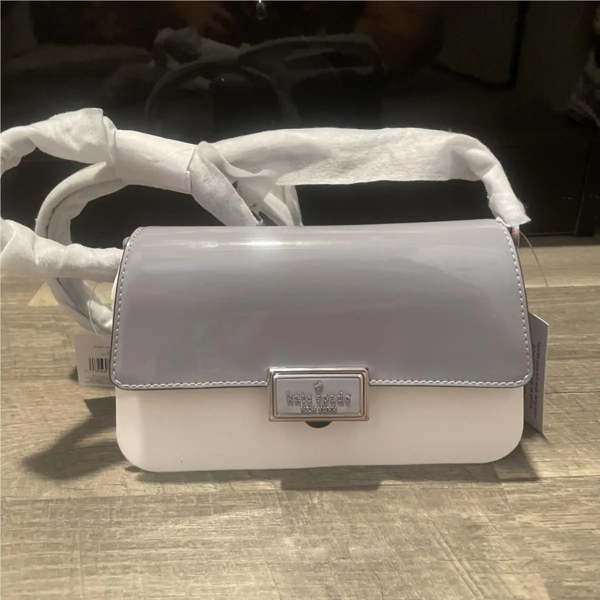 Reegan Patent Mini Flap Crossbody Bag Gray White Pavement KM567 by Kate Spade
