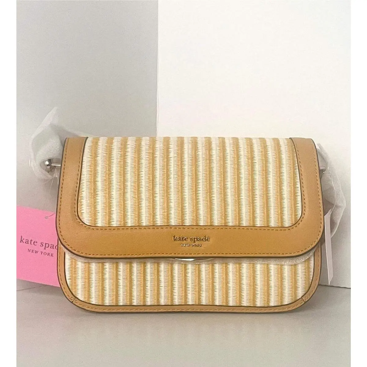 Kate Spade Buddie Stripe Yellow Leather Straw Crossbody Clutch Org Pkg