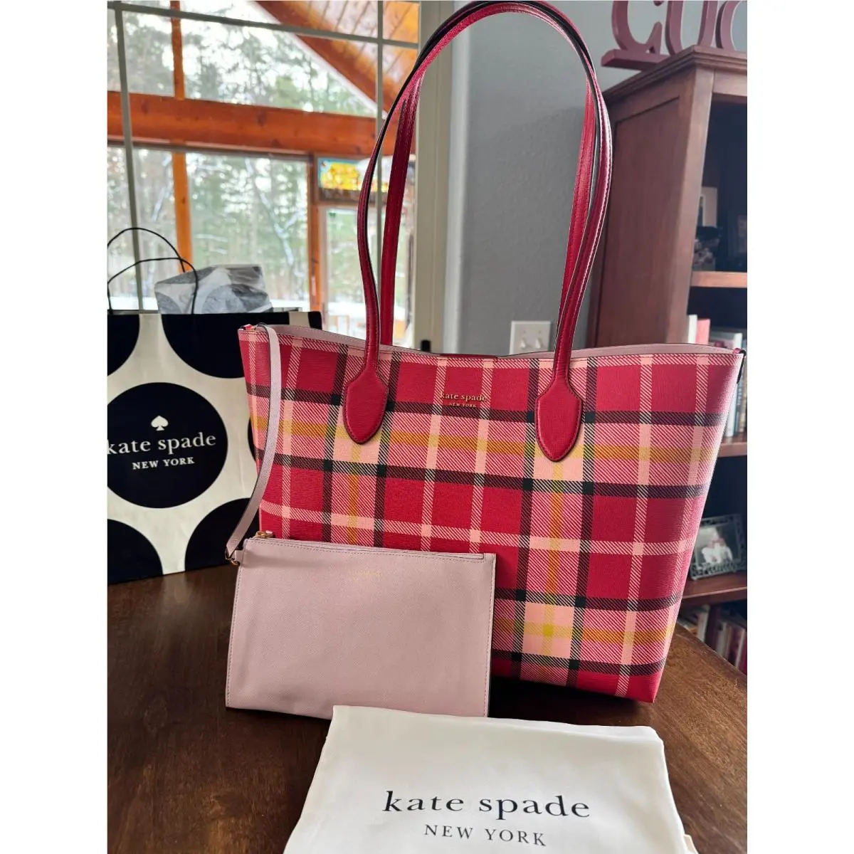 Kate Spade Bleecker Museum Plaid Large Tote Bag KD642 Engine Red Multi