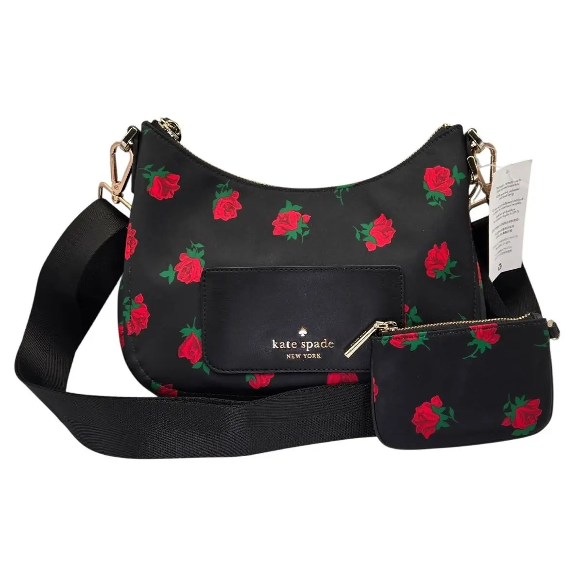 Kate Spade York Black Rose Floral Print Nylon Convertible Shoulder Bag Pouch