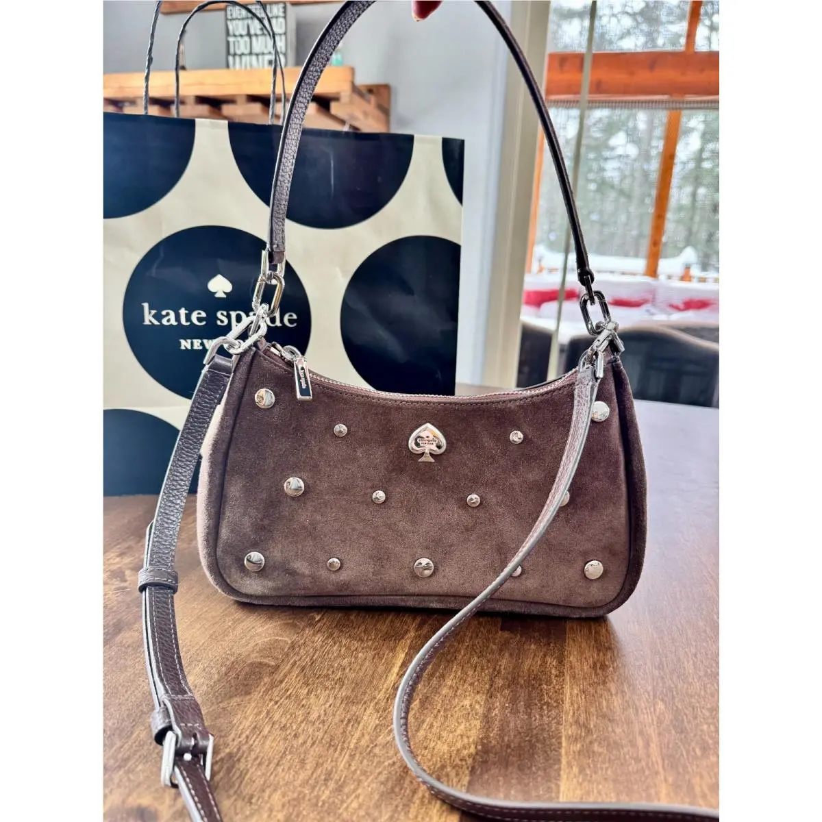 Kate Spade Kayla Suede Studs Small Convertible Shoulder Bag KM670 Hot Fudge New