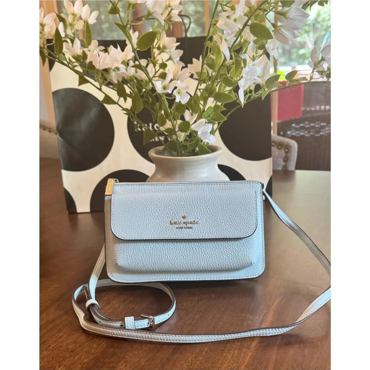 New Kate Spade Leila Small Flap Crossbody Pebbled Leather - Dewy Blue