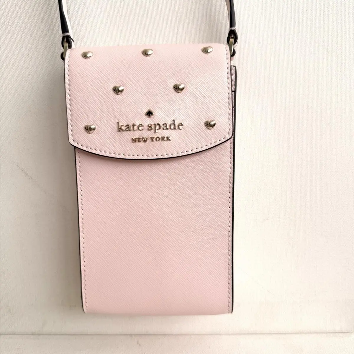 Kate Spade Leather North South Flap Phone Crossbody Pink Heart Stud